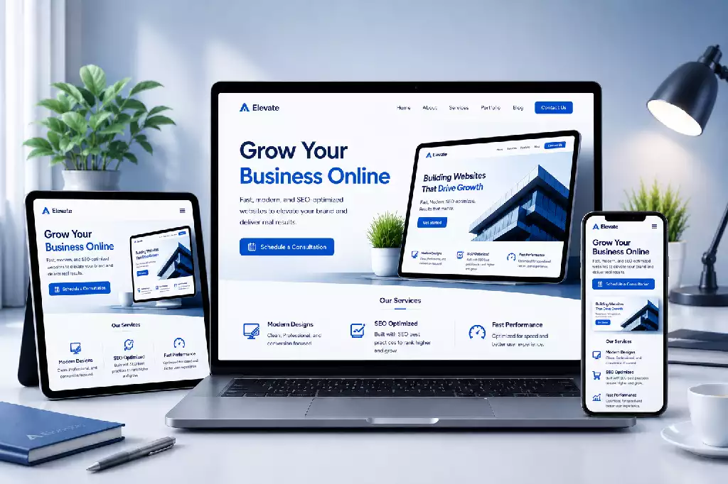 Image of multiple electronic devices promoting the message Grow you business online